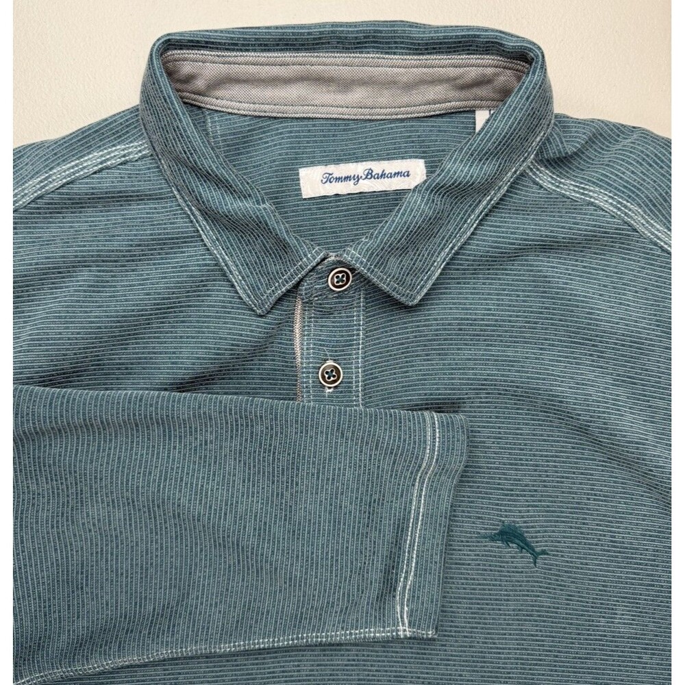 Tommy Bahama Mens L Paradise Cove Polo Long Sleeve Striped Sea Teal